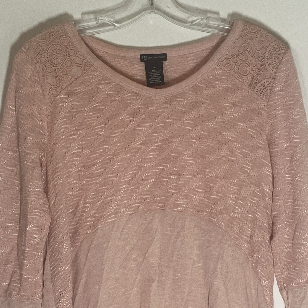 New Directions Sweater Womens Small Baby Pink Hi Low Boho Crochet V Neck Casual - Picture 2 of 15